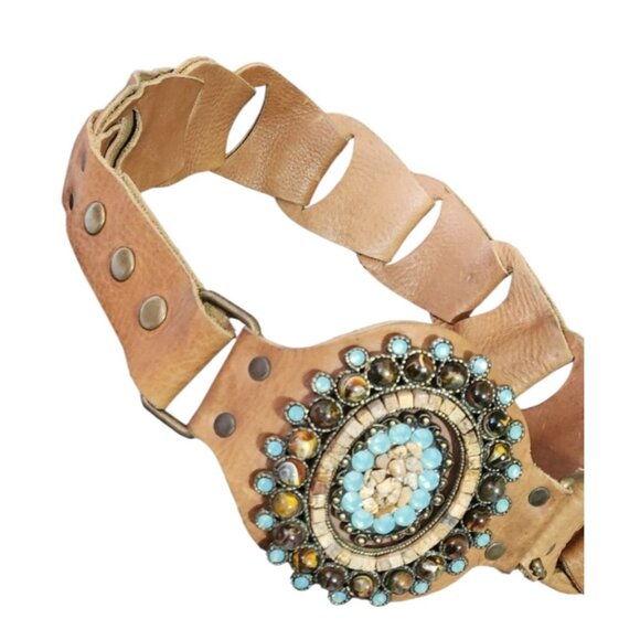 LeatheRock Custom Linked Leather Studded Rhinstone Belt Size M/L USA MSRP $245 - Picture 3 of 16